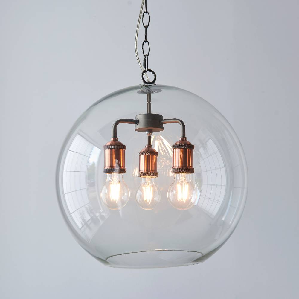 Industrial Copper 3-Arm Pendant with Glass Shade