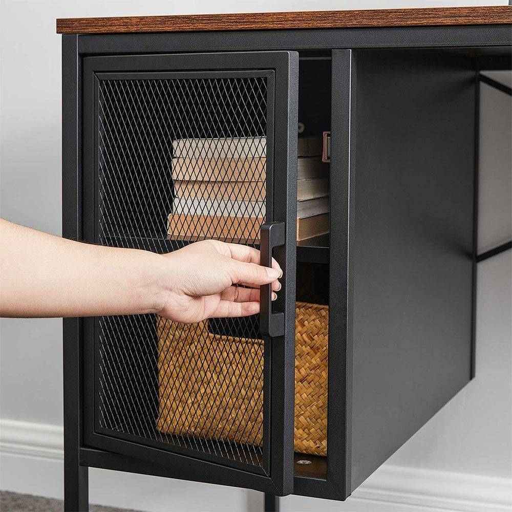 Sturdy and elegant industrial desk in rustic brown, designed with a built-in cabinet for organised storage.
