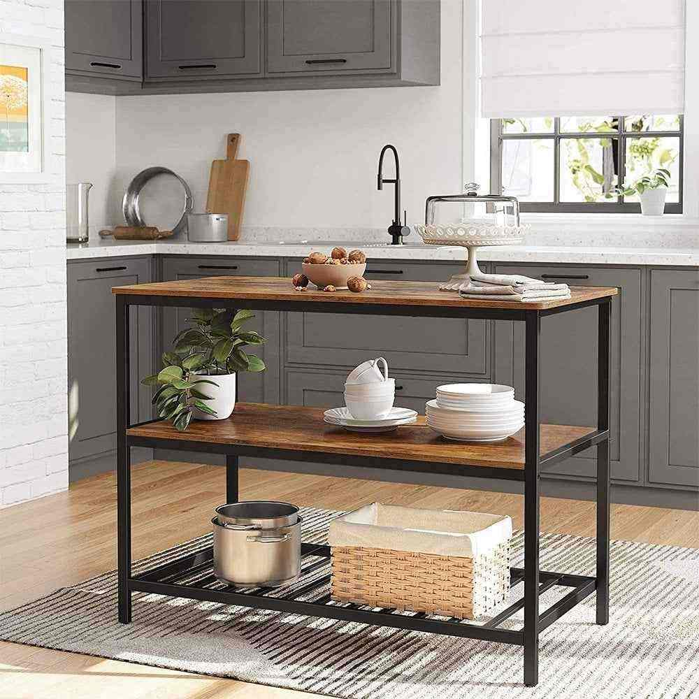 Stylish industrial-style 3-tier kitchen island, perfect for adding extra storage and workspace to any kitchen.
