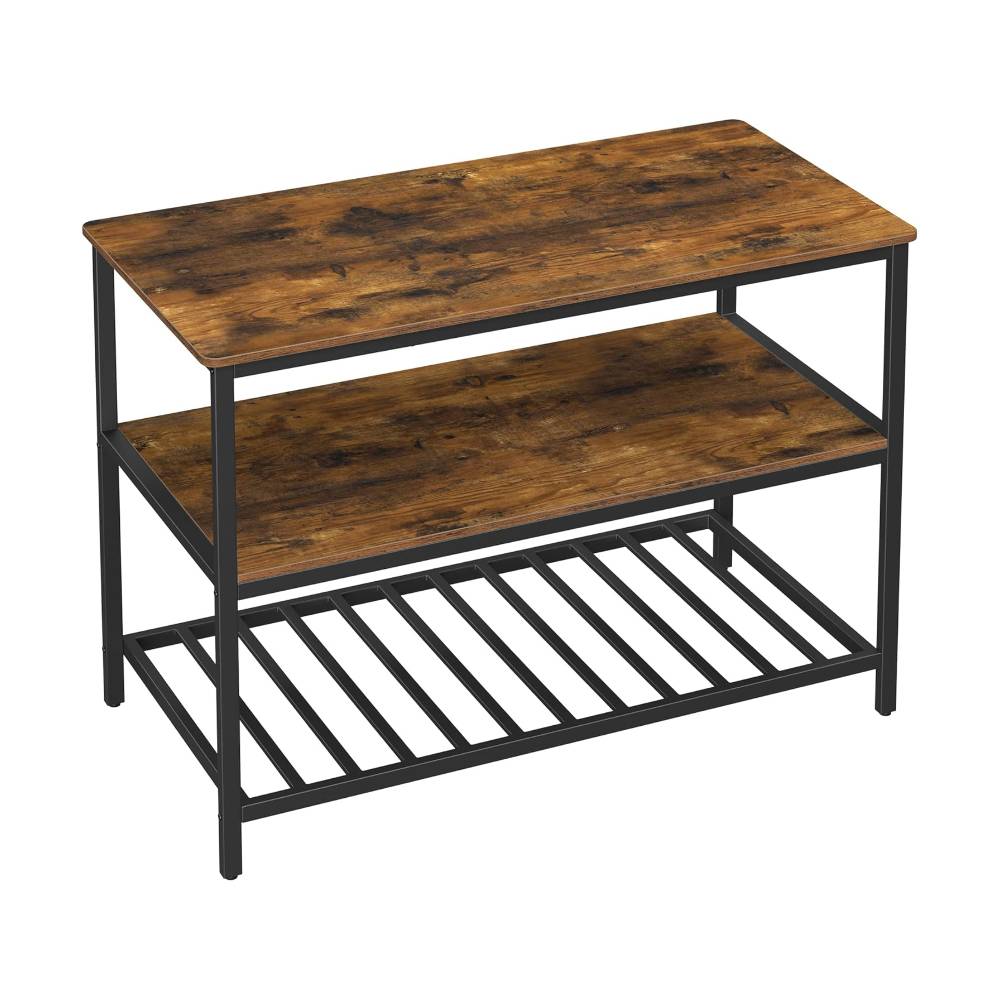 Modern three-tier kitchen island with an industrial design, combining functionality with a sleek, rustic aesthetic.
