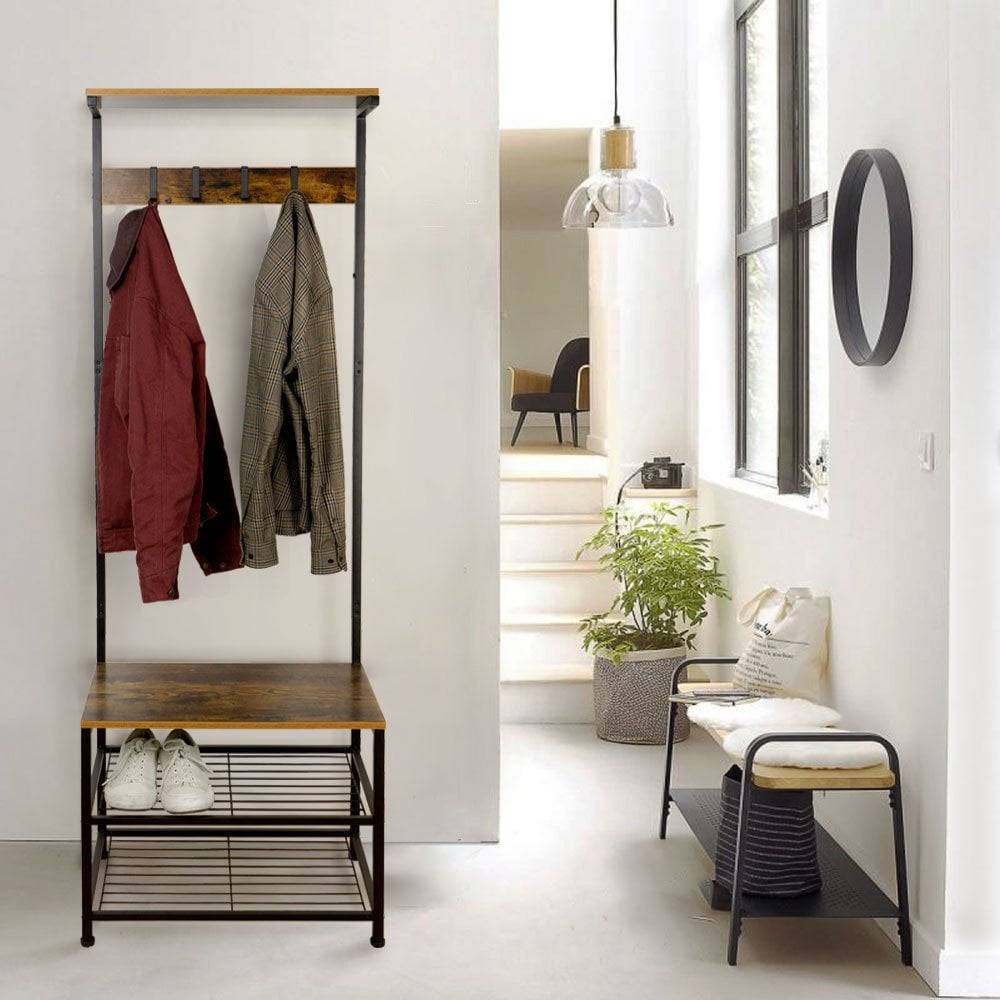 Stylish industrial-style shoe rack and coat stand, combining practicality with a vintage-inspired design.
