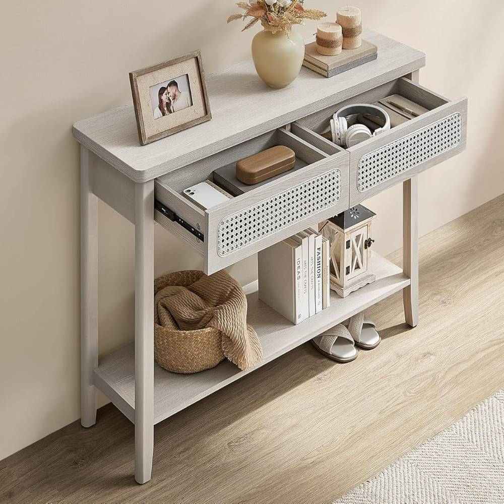 Elegant narrow console table made from light wood with rattan features, combining rustic charm with modern practicality for versatile home décor.
