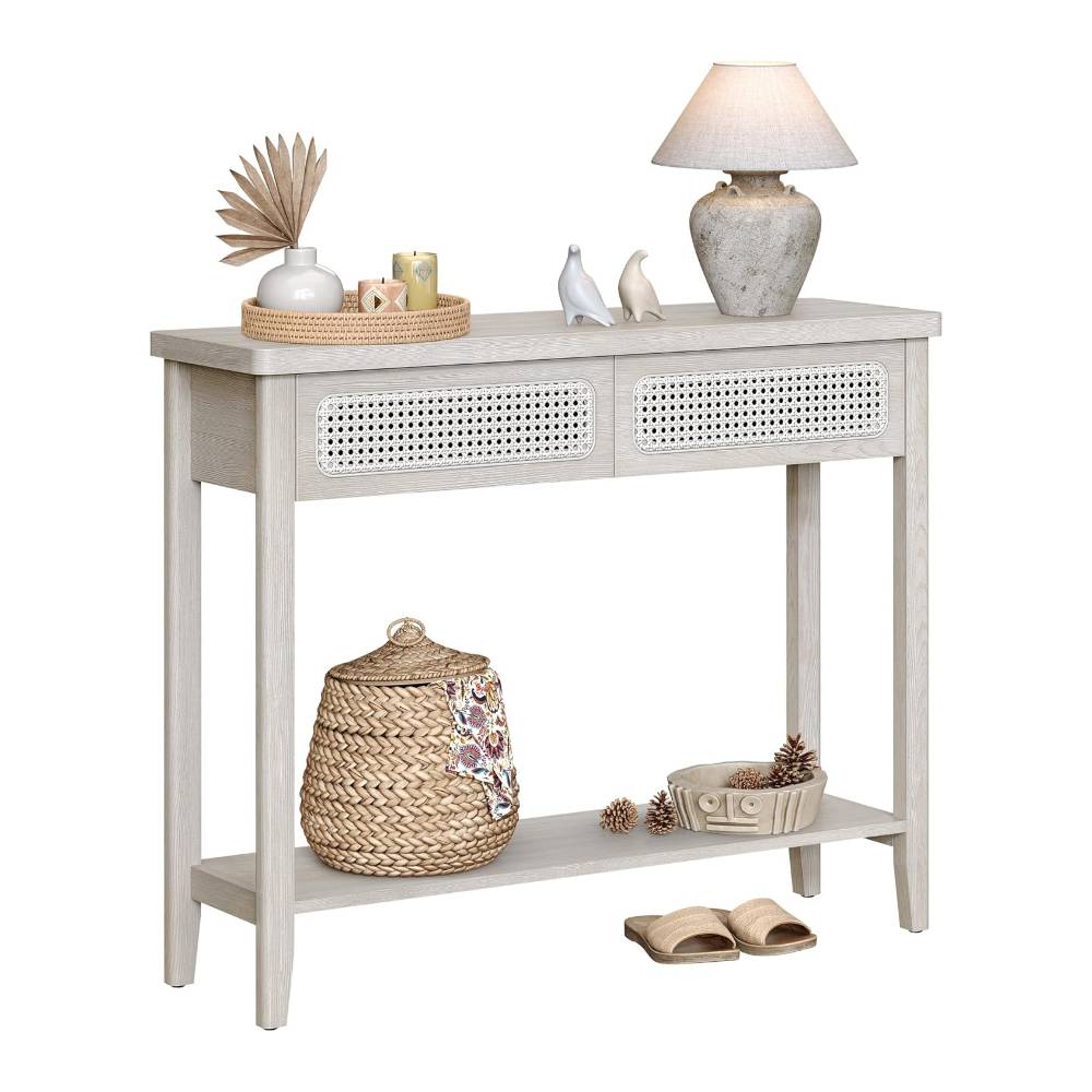 Stylish narrow console table crafted from light wood with a rattan accent, ideal for compact spaces and modern interiors.
