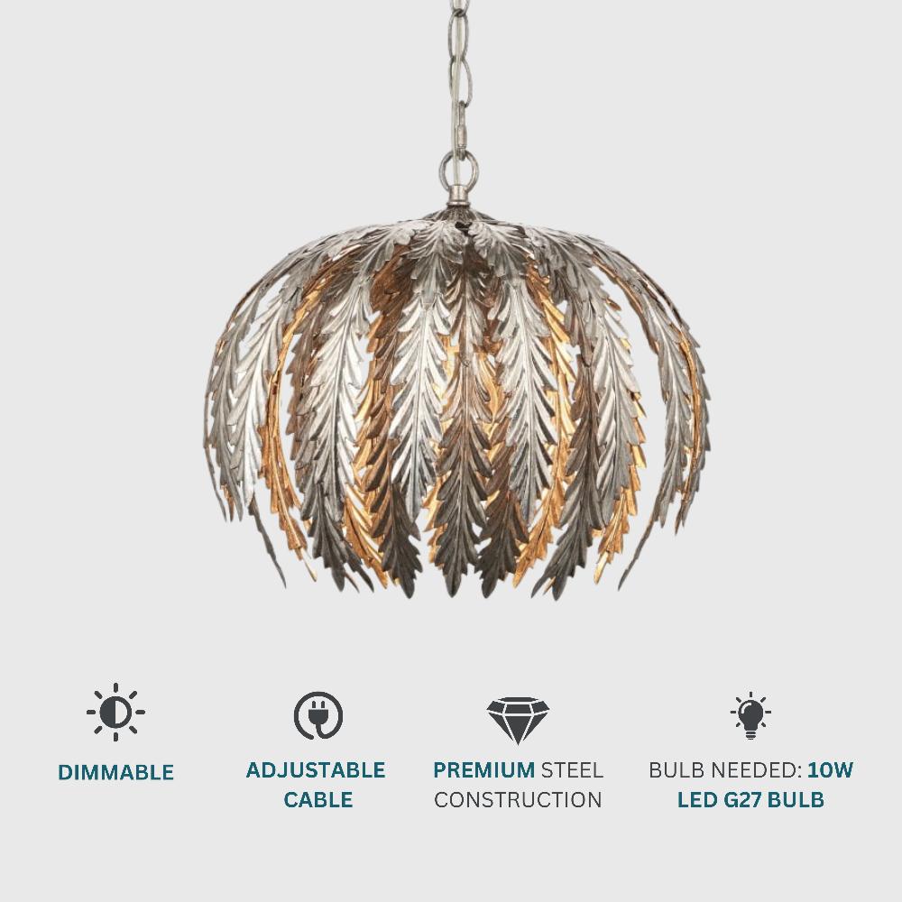 Exquisite ornate pendant light in a silver leaf finish, offering a timeless and decorative lighting statement.
