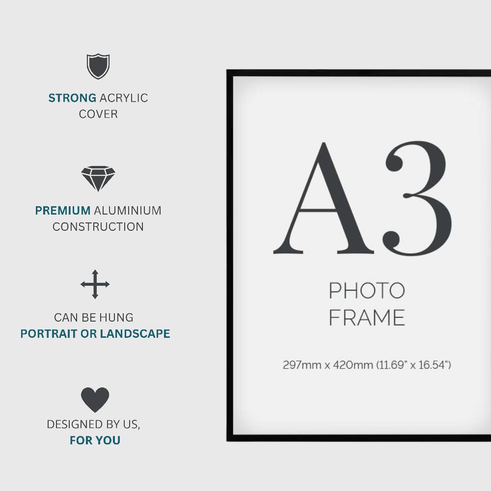 Pack of 12 stylish A3 black frames, designed for showcasing photographs, certificates, or artwork.
