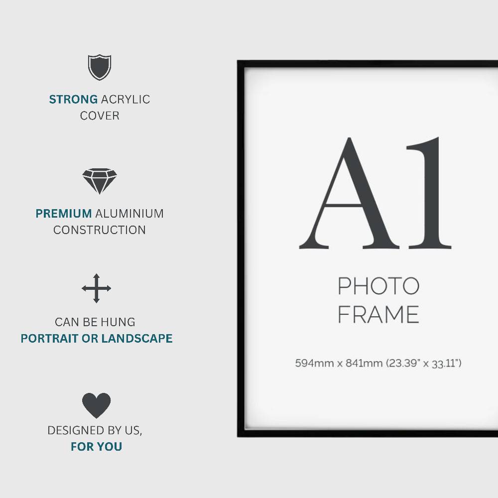 Elegant set of six A1 black frames, designed to enhance and protect your favourite photos or artwork.
