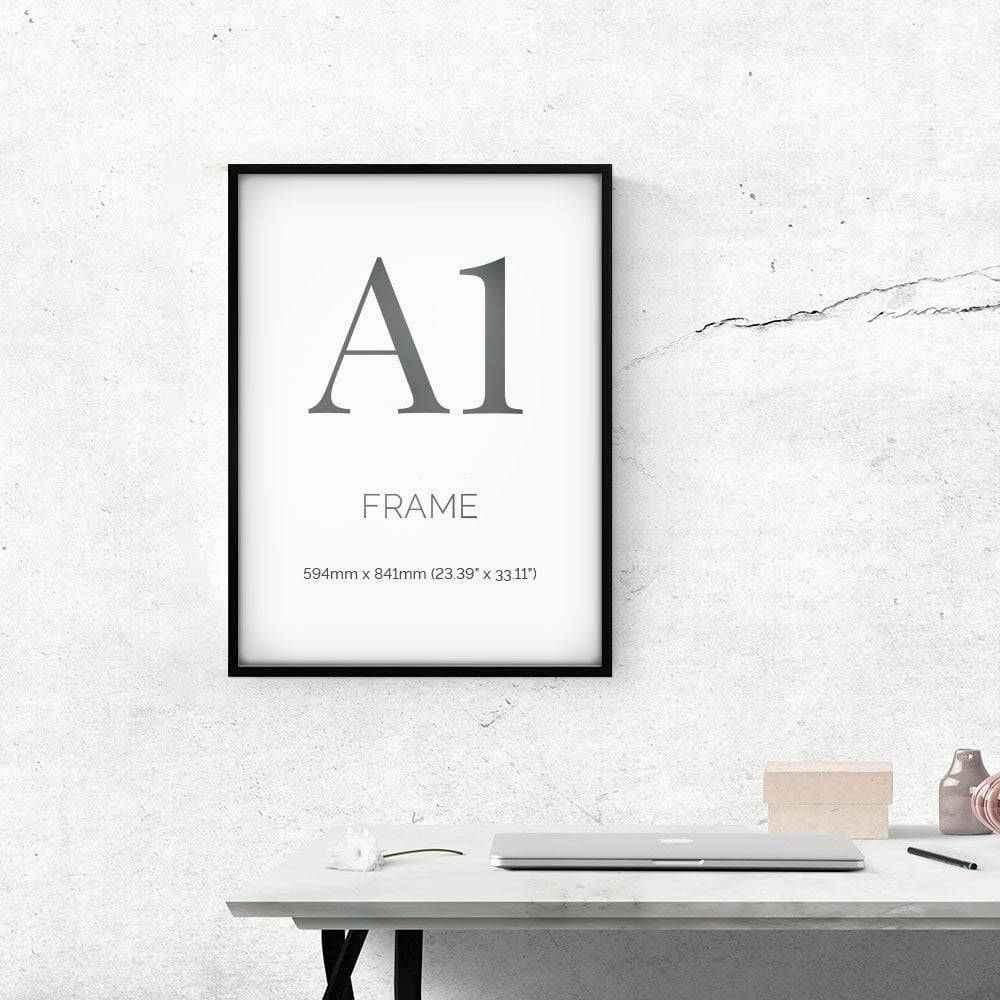 Set of six sleek A1 black photo frames, perfect for displaying posters, artwork, or photographs in style.
