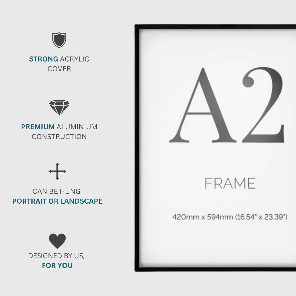 Elegant set of eight A2 black frames, designed to protect and enhance your favourite prints or artwork.
