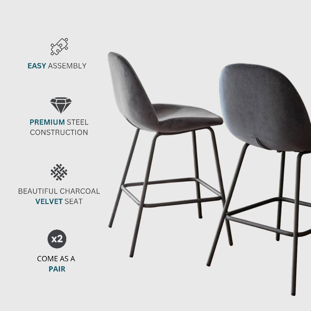 Elegant pair of contemporary bar stools in dark grey velvet, offering a perfect blend of luxury and functionality.
