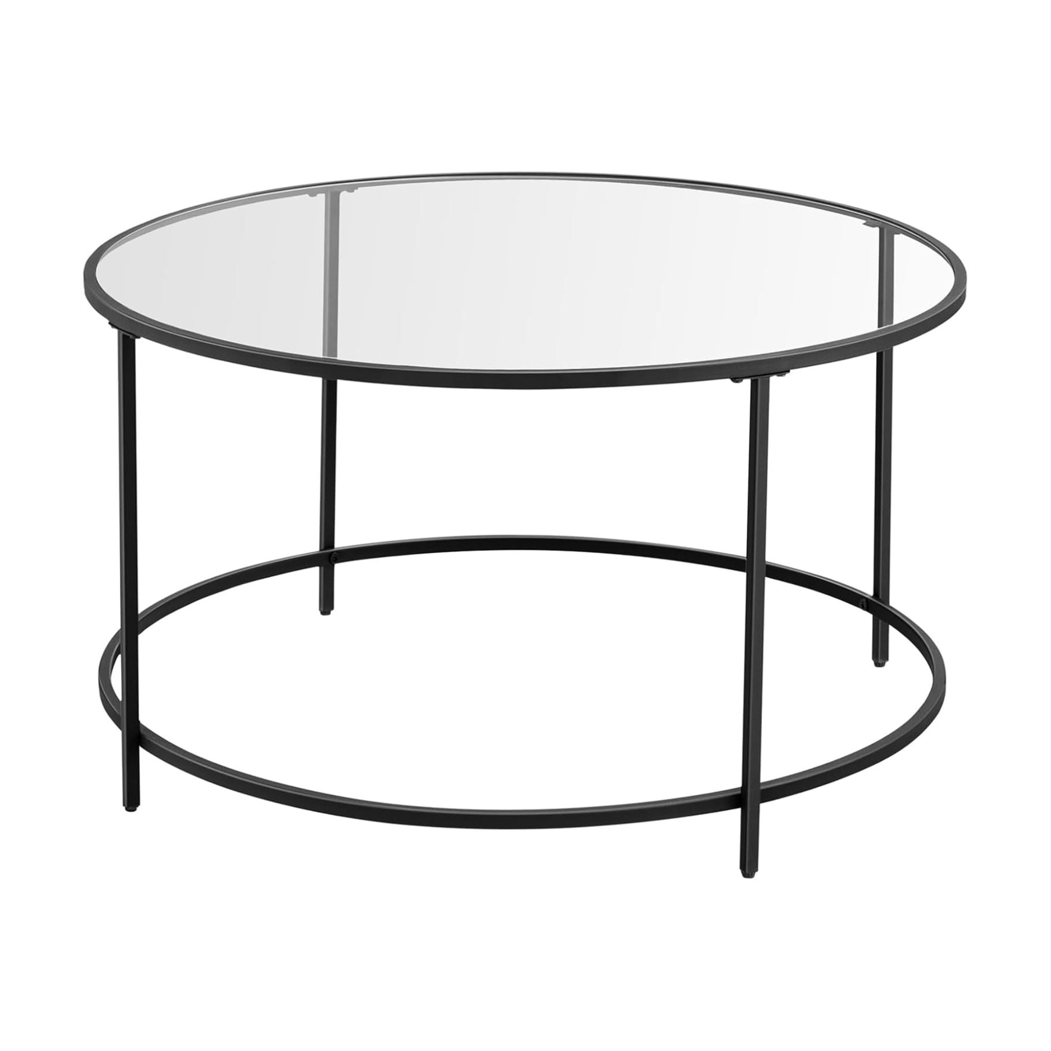 Sleek black round glass coffee table, ideal for adding a sophisticated touch to any home or office.

