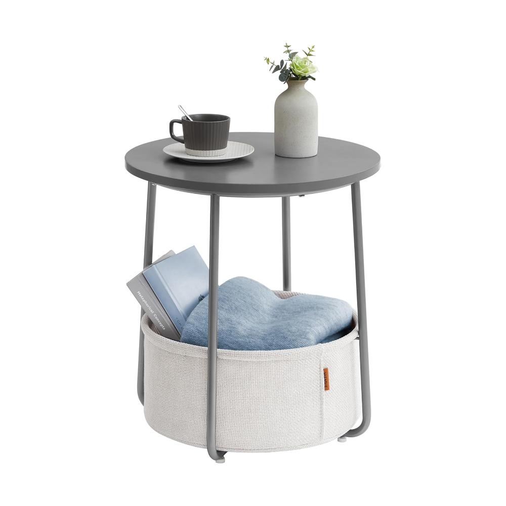 Stylish grey wooden side table with a round top and integrated storage basket, perfect for keeping essentials neatly tucked away.
