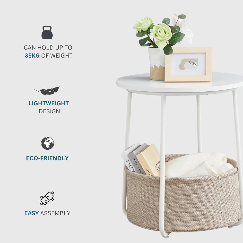 White wooden side table with a round tabletop and integrated storage basket, designed for both functionality and contemporary home décor.
