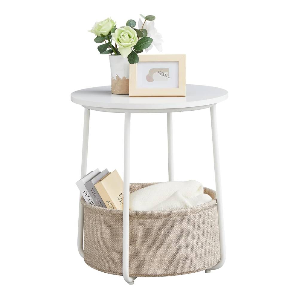 Modern round white wooden side table featuring a spacious storage basket, perfect for keeping essentials organised while adding a touch of elegance to any room.
