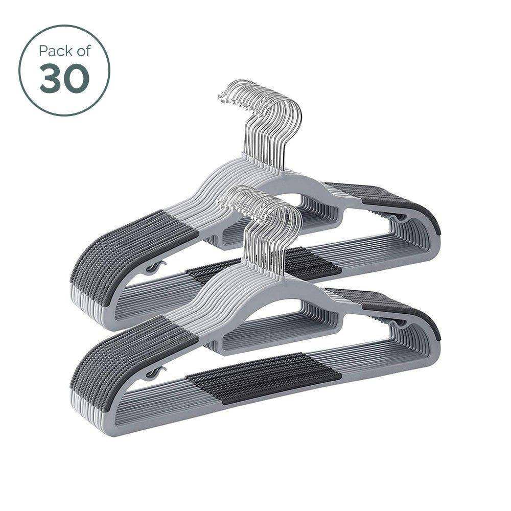 Set of 30 sturdy and compact heavy-duty hangers, perfect for keeping clothes neatly organised while saving space.
