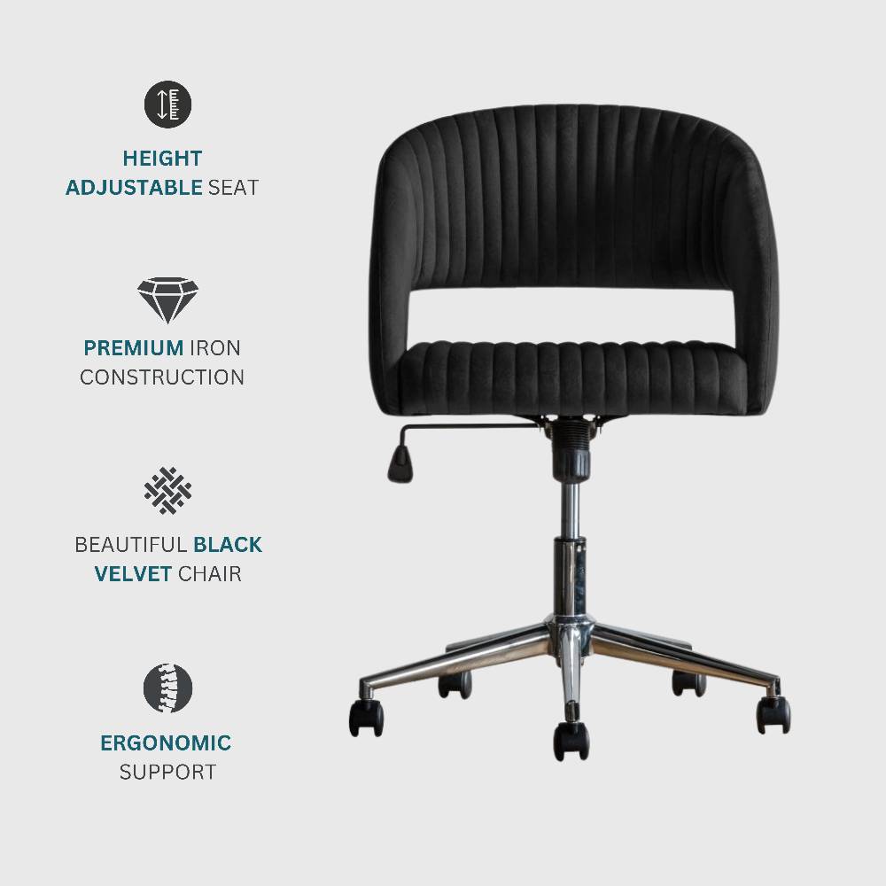 Experience superior comfort with this black velvet office chair, featuring a sturdy frame, adjustable height, and a sleek modern design for your workspace.
