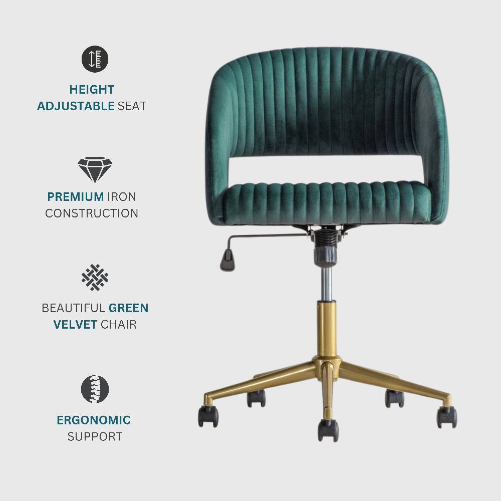 Add a touch of glamour to your workspace with this stylish green velvet office chair, complete with a golden base, five castors for mobility, and a soft, ribbed backrest.
