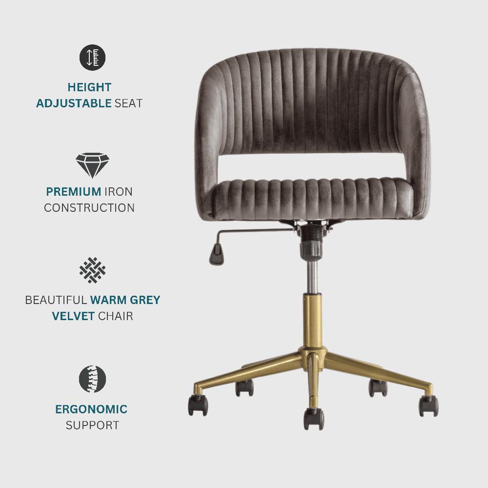 Add a touch of sophistication to your home office with this warm grey velvet swivel chair, complete with a ribbed design, height adjustability, and sturdy castor wheels for seamless movement.
