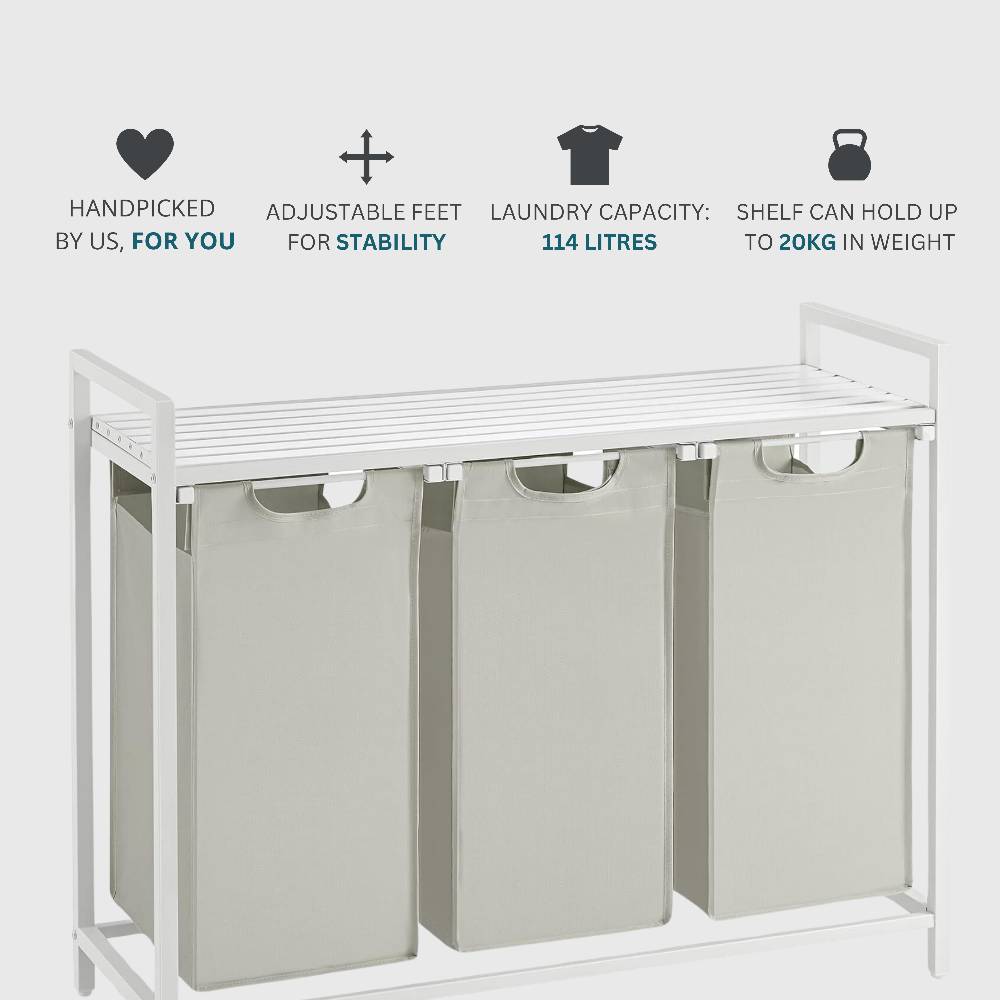 Space-saving white 3-section laundry hamper with an integrated shelf, designed for efficient laundry organisation in bedrooms, bathrooms, or utility rooms.
