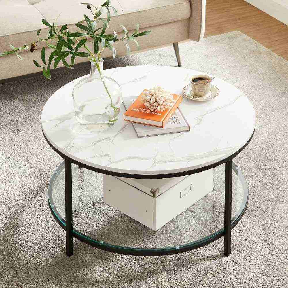 Elegant white marble effect round coffee table, featuring a sleek and modern design, perfect for contemporary living spaces.
