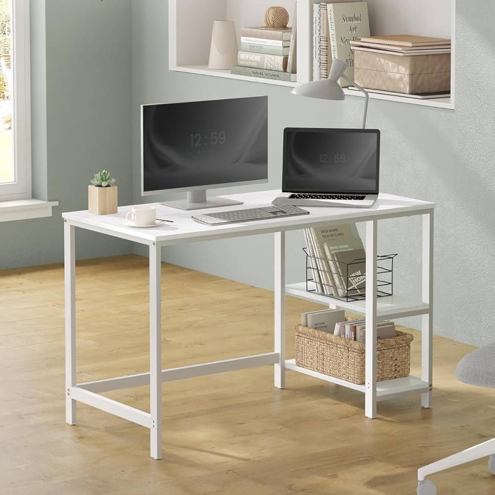 White office computer desk with two shelves, ideal for home or workspace organisation.
