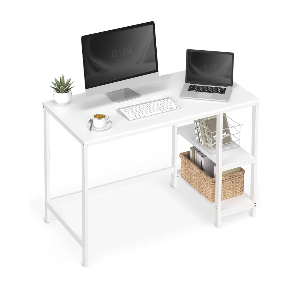 Modern white computer desk with built-in storage shelves for a tidy workspace.
