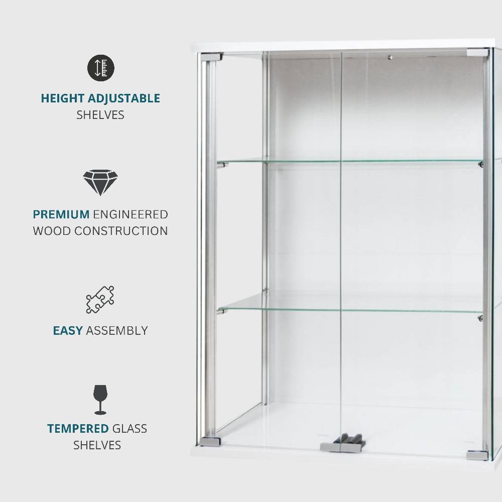 Stylish white wall-mounted display cabinet, 600mm wide, featuring a compact and elegant design ideal for exhibitions, retail, or home storage.
