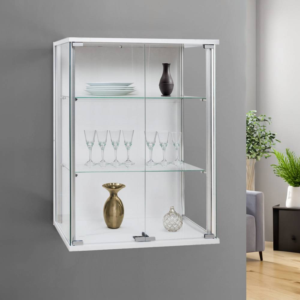 White wall-mounted display cabinet measuring 600mm, designed for showcasing and storing items in a sleek and space-saving way.
